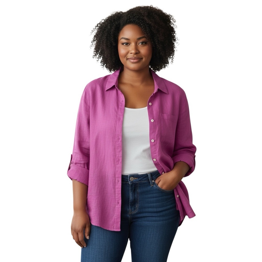 Naturals D&CO. | Wild Orchid Button Up Roll Tab Sleeves Linen Blend Top size L - Picture 3 of 15